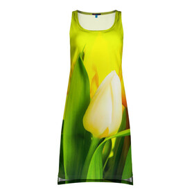 Платье-майка 3D с принтом Тюльпаны в Петрозаводске, 100% полиэстер | полуприлегающий силуэт, широкие бретели, круглый вырез горловины, удлиненный подол сзади. | букет | поле | природа | тюльпаны | цветы