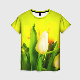 Женская футболка 3D с принтом Тюльпаны в Петрозаводске, 100% полиэфир ( синтетическое хлопкоподобное полотно) | прямой крой, круглый вырез горловины, длина до линии бедер | букет | поле | природа | тюльпаны | цветы