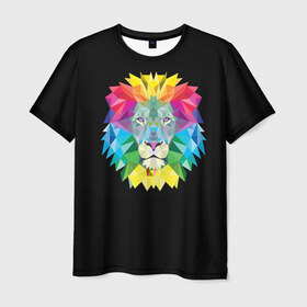Мужская футболка 3D с принтом Lion color в Петрозаводске, 100% полиэфир | прямой крой, круглый вырез горловины, длина до линии бедер | lion | голова животного | кот | кошка | лев | цвет