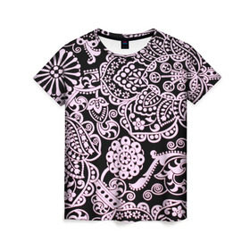 Женская футболка 3D с принтом Узоры в Петрозаводске, 100% полиэфир ( синтетическое хлопкоподобное полотно) | прямой крой, круглый вырез горловины, длина до линии бедер | кружево | розовый | цветы