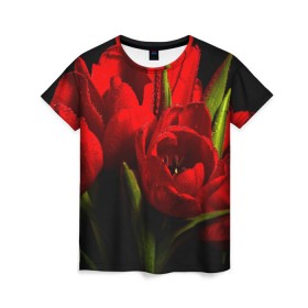 Женская футболка 3D с принтом Тюльпаны в Петрозаводске, 100% полиэфир ( синтетическое хлопкоподобное полотно) | прямой крой, круглый вырез горловины, длина до линии бедер | букет | красота | поле | природа | тюльпаны | цветы