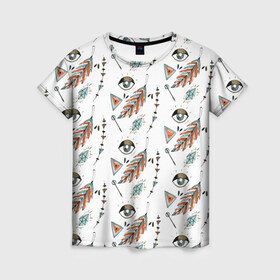 Женская футболка 3D с принтом Магия в Петрозаводске, 100% полиэфир ( синтетическое хлопкоподобное полотно) | прямой крой, круглый вырез горловины, длина до линии бедер | алхимия | глаза | кристаллы | перья | треугольник