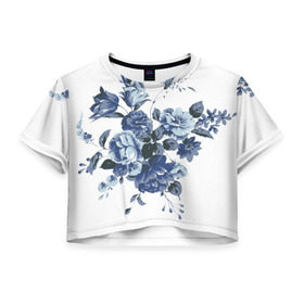 Женская футболка 3D укороченная с принтом Синие цветы в Петрозаводске, 100% полиэстер | круглая горловина, длина футболки до линии талии, рукава с отворотами | Тематика изображения на принте: розы | синие розы | узор | цветы