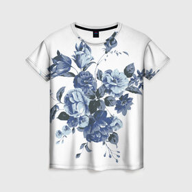 Женская футболка 3D с принтом Синие цветы в Петрозаводске, 100% полиэфир ( синтетическое хлопкоподобное полотно) | прямой крой, круглый вырез горловины, длина до линии бедер | розы | синие розы | узор | цветы