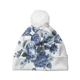 Шапка 3D c помпоном с принтом Синие цветы в Петрозаводске, 100% полиэстер | универсальный размер, печать по всей поверхности изделия | Тематика изображения на принте: розы | синие розы | узор | цветы