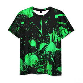Мужская футболка 3D с принтом Брызги красок в Петрозаводске, 100% полиэфир | прямой крой, круглый вырез горловины, длина до линии бедер | зеленый | кляксы | паттерн | черный