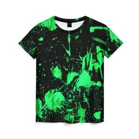 Женская футболка 3D с принтом Брызги красок в Петрозаводске, 100% полиэфир ( синтетическое хлопкоподобное полотно) | прямой крой, круглый вырез горловины, длина до линии бедер | зеленый | кляксы | паттерн | черный