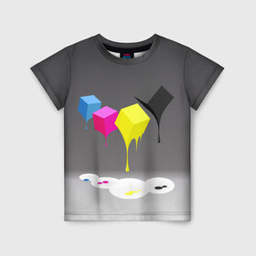Детская футболка 3D с принтом Краски-кубики в Петрозаводске, 100% гипоаллергенный полиэфир | прямой крой, круглый вырез горловины, длина до линии бедер, чуть спущенное плечо, ткань немного тянется | жёлтый | краски | кубики | розовый | стекают | цвета | чёрный