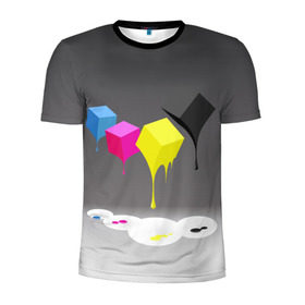 Мужская футболка 3D спортивная с принтом Краски-кубики в Петрозаводске, 100% полиэстер с улучшенными характеристиками | приталенный силуэт, круглая горловина, широкие плечи, сужается к линии бедра | жёлтый | краски | кубики | розовый | стекают | цвета | чёрный