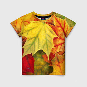 Детская футболка 3D с принтом Кленовые листья в Петрозаводске, 100% гипоаллергенный полиэфир | прямой крой, круглый вырез горловины, длина до линии бедер, чуть спущенное плечо, ткань немного тянется | Тематика изображения на принте: жёлтый | зелёный | красный | листва | оранжевый | осень