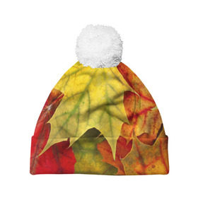 Шапка 3D c помпоном с принтом Кленовые листья в Петрозаводске, 100% полиэстер | универсальный размер, печать по всей поверхности изделия | жёлтый | зелёный | красный | листва | оранжевый | осень