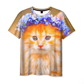 Мужская футболка 3D с принтом Котенок в Петрозаводске, 100% полиэфир | прямой крой, круглый вырез горловины, длина до линии бедер | кошка | красота | мордочка | природа | рыжая