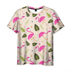 Мужская футболка 3D с принтом Фламинго в Петрозаводске, 100% полиэфир | прямой крой, круглый вырез горловины, длина до линии бедер | Тематика изображения на принте: абстракция | арт | листья | фламинго | хипстеры