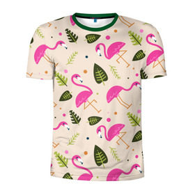 Мужская футболка 3D спортивная с принтом Фламинго в Петрозаводске, 100% полиэстер с улучшенными характеристиками | приталенный силуэт, круглая горловина, широкие плечи, сужается к линии бедра | абстракция | арт | листья | фламинго | хипстеры