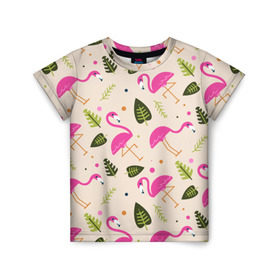 Детская футболка 3D с принтом Фламинго в Петрозаводске, 100% гипоаллергенный полиэфир | прямой крой, круглый вырез горловины, длина до линии бедер, чуть спущенное плечо, ткань немного тянется | Тематика изображения на принте: абстракция | арт | листья | фламинго | хипстеры