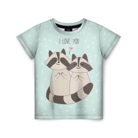Детская футболка 3D с принтом Влюбленные еноты в Петрозаводске, 100% гипоаллергенный полиэфир | прямой крой, круглый вырез горловины, длина до линии бедер, чуть спущенное плечо, ткань немного тянется | love | еноты | животные | любовь