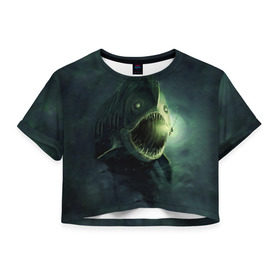 Женская футболка 3D укороченная с принтом Рыба удильщик в Петрозаводске, 100% полиэстер | круглая горловина, длина футболки до линии талии, рукава с отворотами | рыбалка