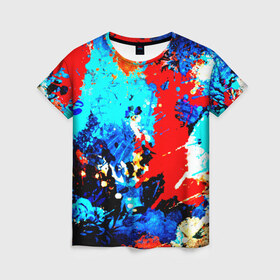 Женская футболка 3D с принтом Абстракция красок в Петрозаводске, 100% полиэфир ( синтетическое хлопкоподобное полотно) | прямой крой, круглый вырез горловины, длина до линии бедер | брызги | кляксы | цветной | яркий