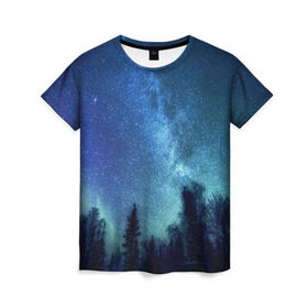 Женская футболка 3D с принтом Космос в Петрозаводске, 100% полиэфир ( синтетическое хлопкоподобное полотно) | прямой крой, круглый вырез горловины, длина до линии бедер | space | галактика | звёзды | космос | небо | ночное небо | ночь | северное сияние