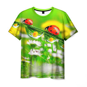 Мужская футболка 3D с принтом Макро в Петрозаводске, 100% полиэфир | прямой крой, круглый вырез горловины, длина до линии бедер | божья коровка | насекомые | одуванчик | природа | цветы