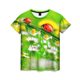Женская футболка 3D с принтом Макро в Петрозаводске, 100% полиэфир ( синтетическое хлопкоподобное полотно) | прямой крой, круглый вырез горловины, длина до линии бедер | Тематика изображения на принте: божья коровка | насекомые | одуванчик | природа | цветы