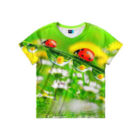 Детская футболка 3D с принтом Макро в Петрозаводске, 100% гипоаллергенный полиэфир | прямой крой, круглый вырез горловины, длина до линии бедер, чуть спущенное плечо, ткань немного тянется | Тематика изображения на принте: божья коровка | насекомые | одуванчик | природа | цветы