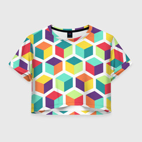 Женская футболка 3D укороченная с принтом 3D кубы в Петрозаводске, 100% полиэстер | круглая горловина, длина футболки до линии талии, рукава с отворотами | абстракция | арт | иллюзия