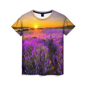 Женская футболка 3D с принтом Лавандовое поле в Петрозаводске, 100% полиэфир ( синтетическое хлопкоподобное полотно) | прямой крой, круглый вырез горловины, длина до линии бедер | закат | лиловый | пейзаж | яркий