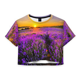 Женская футболка 3D укороченная с принтом Лавандовое поле в Петрозаводске, 100% полиэстер | круглая горловина, длина футболки до линии талии, рукава с отворотами | закат | лиловый | пейзаж | яркий