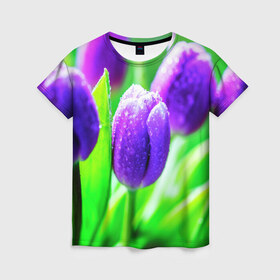 Женская футболка 3D с принтом Тюльпаны в Петрозаводске, 100% полиэфир ( синтетическое хлопкоподобное полотно) | прямой крой, круглый вырез горловины, длина до линии бедер | красота | поле | природа | тюльпаны | цветы