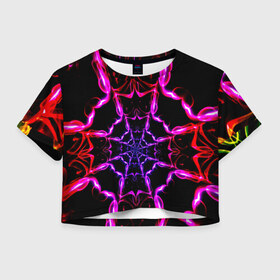 Женская футболка 3D укороченная с принтом Паутина в Петрозаводске, 100% полиэстер | круглая горловина, длина футболки до линии талии, рукава с отворотами | калейдоскоп | разноцветный | яркий
