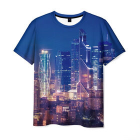 Мужская футболка 3D с принтом Ночная Москва в Петрозаводске, 100% полиэфир | прямой крой, круглый вырез горловины, длина до линии бедер | город | москва сити | пейзаж