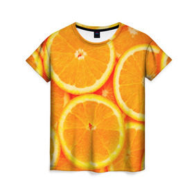 Женская футболка 3D с принтом Апельсины в Петрозаводске, 100% полиэфир ( синтетическое хлопкоподобное полотно) | прямой крой, круглый вырез горловины, длина до линии бедер | апельсин | долька | цитрус