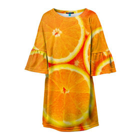 Детское платье 3D с принтом Апельсины в Петрозаводске, 100% полиэстер | прямой силуэт, чуть расширенный к низу. Круглая горловина, на рукавах — воланы | апельсин | долька | цитрус