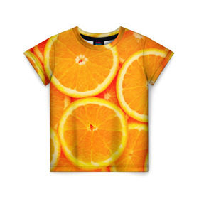Детская футболка 3D с принтом Апельсины в Петрозаводске, 100% гипоаллергенный полиэфир | прямой крой, круглый вырез горловины, длина до линии бедер, чуть спущенное плечо, ткань немного тянется | апельсин | долька | цитрус