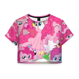 Женская футболка 3D укороченная с принтом Pinky Pie в Петрозаводске, 100% полиэстер | круглая горловина, длина футболки до линии талии, рукава с отворотами | my little pony | луна | пинки пай | пони | рарити | рейнбоу дэш | селестия | сумеречная искорка | флаттершай | эплджек