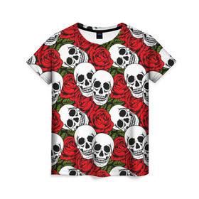 Женская футболка 3D с принтом Черепа в розах в Петрозаводске, 100% полиэфир ( синтетическое хлопкоподобное полотно) | прямой крой, круглый вырез горловины, длина до линии бедер | music | rock | skull | музыка | рок | череп | черепа
