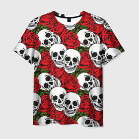 Мужская футболка 3D с принтом Черепа в розах в Петрозаводске, 100% полиэфир | прямой крой, круглый вырез горловины, длина до линии бедер | Тематика изображения на принте: music | rock | skull | музыка | рок | череп | черепа