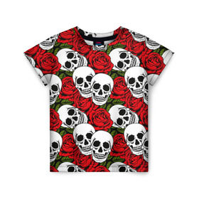 Детская футболка 3D с принтом Черепа в розах в Петрозаводске, 100% гипоаллергенный полиэфир | прямой крой, круглый вырез горловины, длина до линии бедер, чуть спущенное плечо, ткань немного тянется | music | rock | skull | музыка | рок | череп | черепа