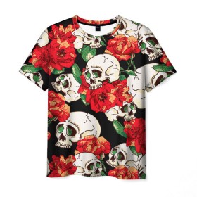 Мужская футболка 3D с принтом Черепки и розы в Петрозаводске, 100% полиэфир | прямой крой, круглый вырез горловины, длина до линии бедер | music | rock | skull | музыка | рок | череп | черепа