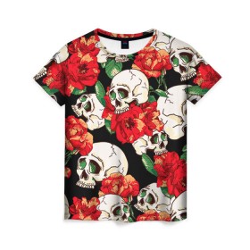 Женская футболка 3D с принтом Черепки и розы в Петрозаводске, 100% полиэфир ( синтетическое хлопкоподобное полотно) | прямой крой, круглый вырез горловины, длина до линии бедер | music | rock | skull | музыка | рок | череп | черепа