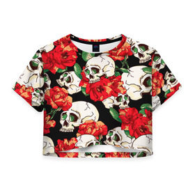 Женская футболка 3D укороченная с принтом Черепки и розы в Петрозаводске, 100% полиэстер | круглая горловина, длина футболки до линии талии, рукава с отворотами | music | rock | skull | музыка | рок | череп | черепа
