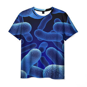 Мужская футболка 3D с принтом Молекула в Петрозаводске, 100% полиэфир | прямой крой, круглый вырез горловины, длина до линии бедер | Тематика изображения на принте: медицина | микроб | молекула | синяя