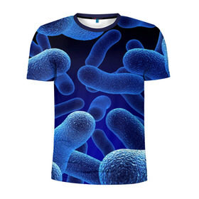 Мужская футболка 3D спортивная с принтом Молекула в Петрозаводске, 100% полиэстер с улучшенными характеристиками | приталенный силуэт, круглая горловина, широкие плечи, сужается к линии бедра | Тематика изображения на принте: медицина | микроб | молекула | синяя