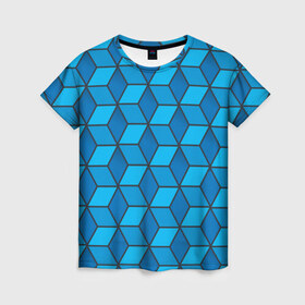 Женская футболка 3D с принтом Blue cube в Петрозаводске, 100% полиэфир ( синтетическое хлопкоподобное полотно) | прямой крой, круглый вырез горловины, длина до линии бедер | Тематика изображения на принте: кубы | паттерн | синий