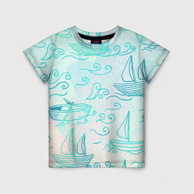 Детская футболка 3D с принтом Лазурные корабли в Петрозаводске, 100% гипоаллергенный полиэфир | прямой крой, круглый вырез горловины, длина до линии бедер, чуть спущенное плечо, ткань немного тянется | арт | волны | корабли | лодки | море | океан
