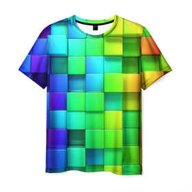 Мужская футболка 3D с принтом Кубики в Петрозаводске, 100% полиэфир | прямой крой, круглый вырез горловины, длина до линии бедер | Тематика изображения на принте: квадраты | кубики | радуга | разноцветные