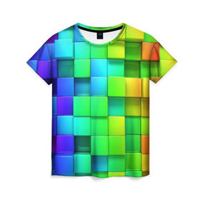 Женская футболка 3D с принтом Кубики в Петрозаводске, 100% полиэфир ( синтетическое хлопкоподобное полотно) | прямой крой, круглый вырез горловины, длина до линии бедер | квадраты | кубики | радуга | разноцветные