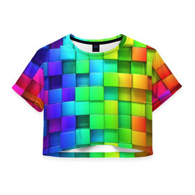 Женская футболка 3D укороченная с принтом Кубики в Петрозаводске, 100% полиэстер | круглая горловина, длина футболки до линии талии, рукава с отворотами | квадраты | кубики | радуга | разноцветные