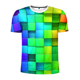 Мужская футболка 3D спортивная с принтом Кубики в Петрозаводске, 100% полиэстер с улучшенными характеристиками | приталенный силуэт, круглая горловина, широкие плечи, сужается к линии бедра | Тематика изображения на принте: квадраты | кубики | радуга | разноцветные